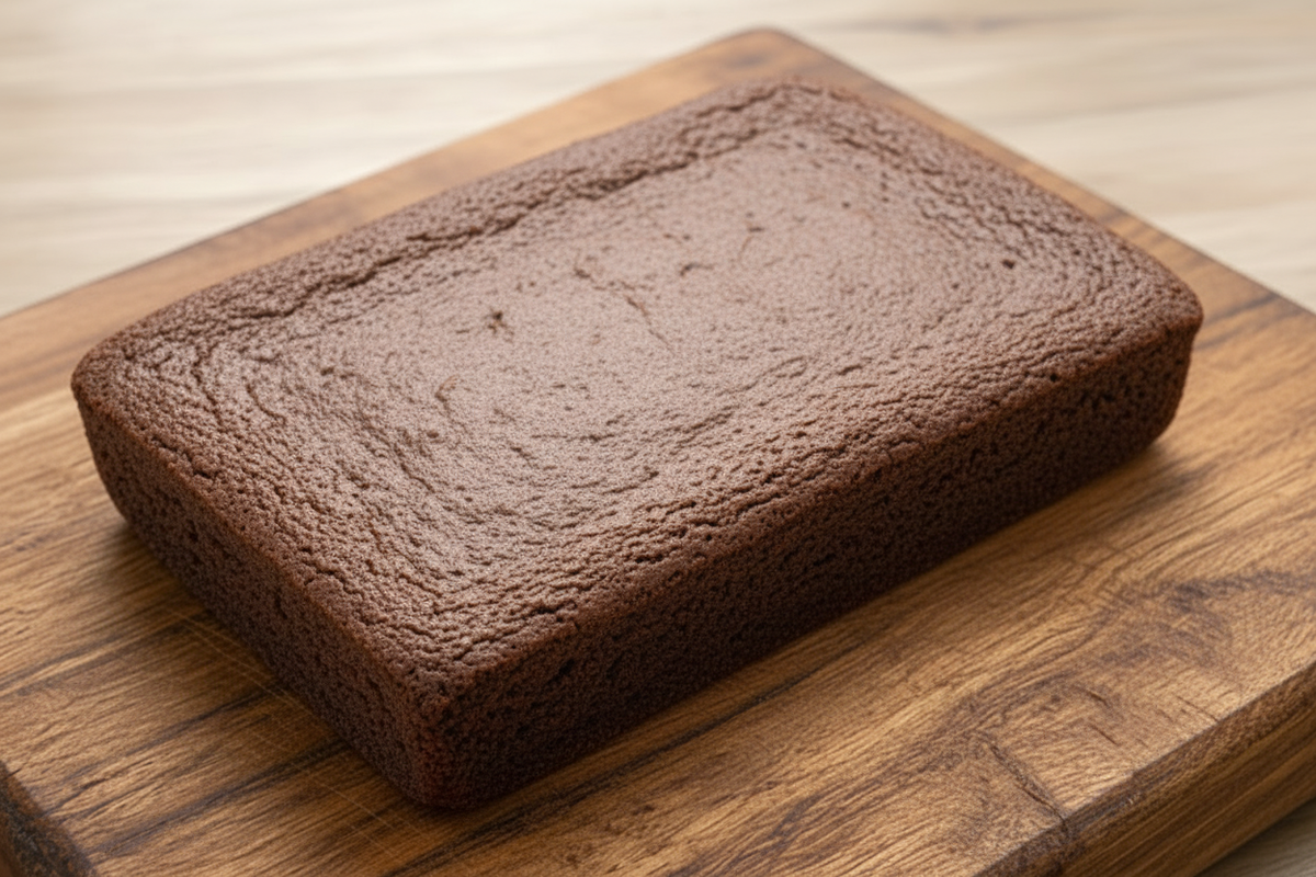 Whole brownie on a rustic wooden board
